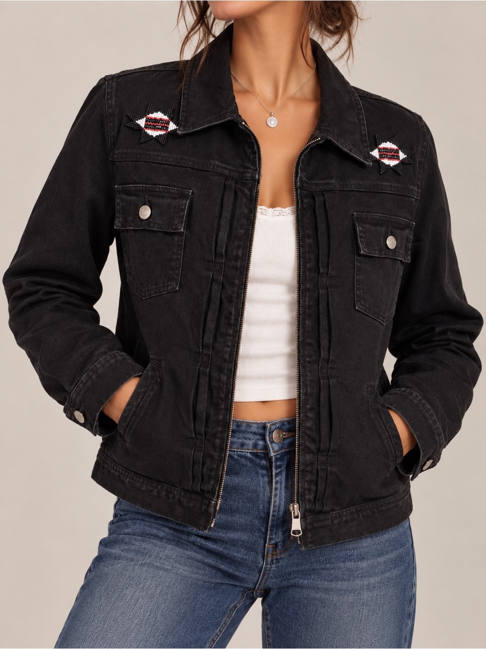 Lauren Ralph Lauren 1X Black Denim Beaded Western Y2K Jacket